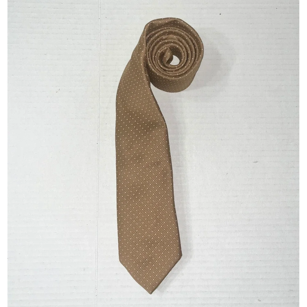 Lucien‎ Piccard Mens Silk Necktie Tan Brown White Micro Polka Dot Business Tie